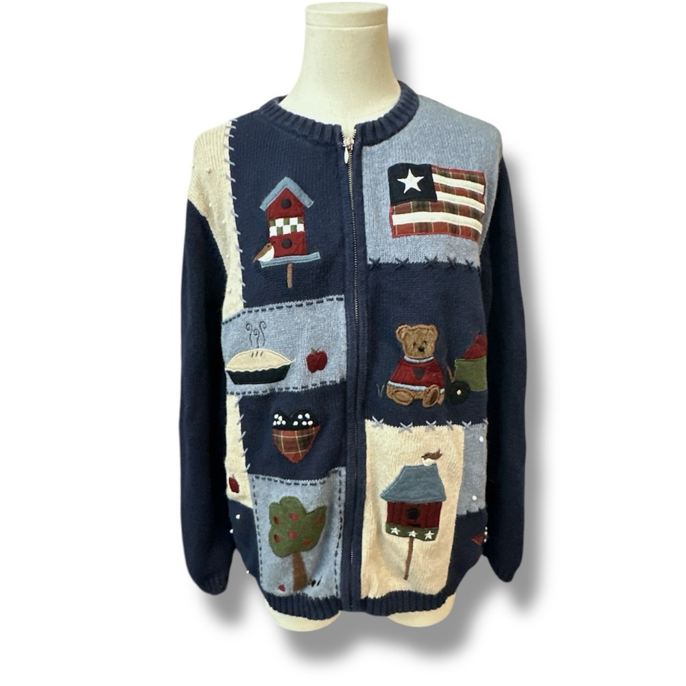 Croft & Barrow Patchwork Country American Zip-Up Sweater women’s size 1X (G22)